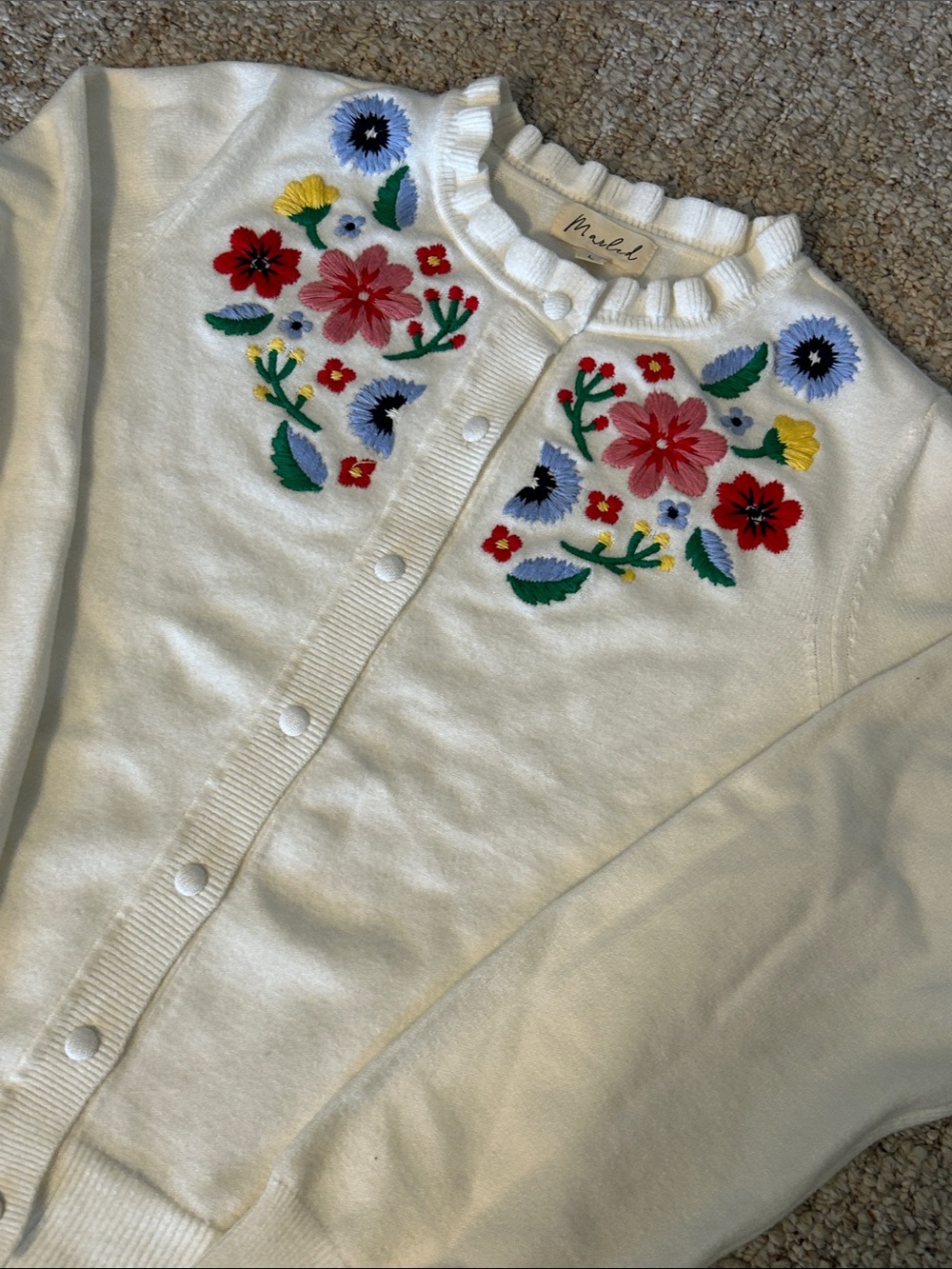Marled White Floral Embroidered Button-Up Sweater Cardigan Medium - Picture 10 of 10